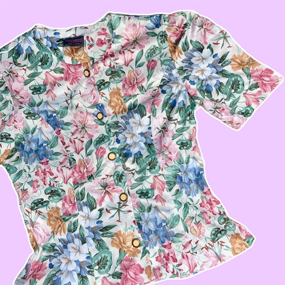 Vintage Blouse 80s Cottagecore Floral Tina Barrie Made In USA Button Down Blouse